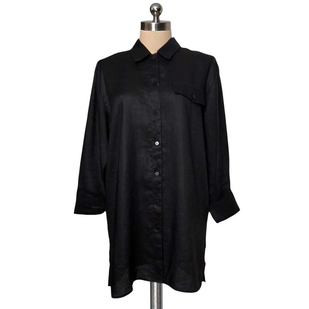 Carlie's Court Black 100% Linen Button Up Blouse Top M